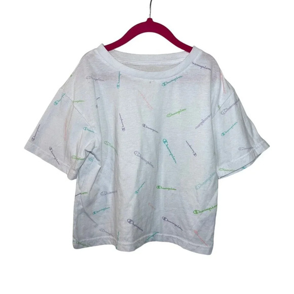 Champion Girls Cropped T Shirt Size Small Pastel Logo All Over Pattern Athletic - Picture 1 of 5